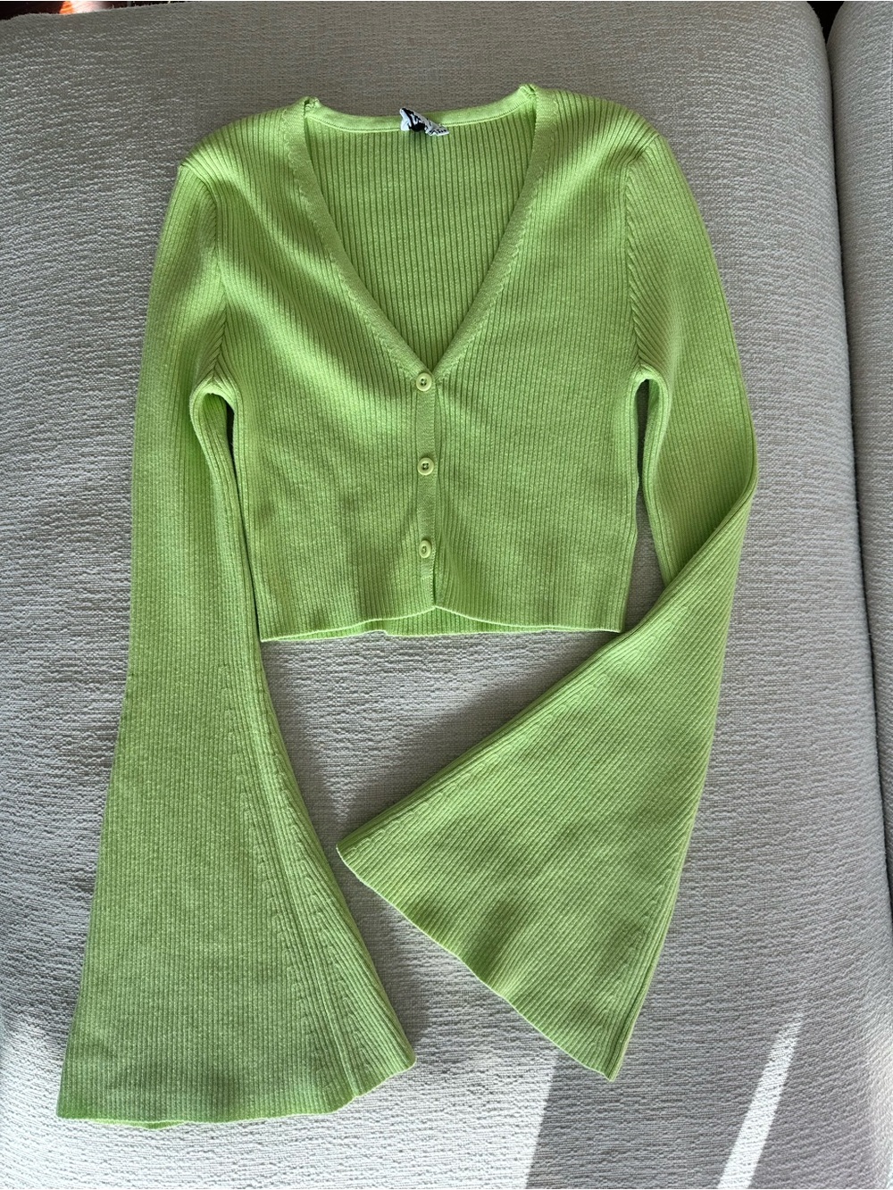 Cropped Rib-Knit V-Neck Cardigan - Lime Green